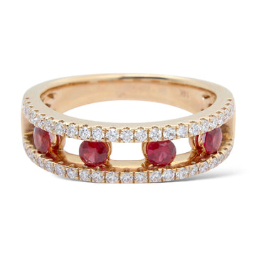 Ruby and Two Row Diamond 14K Rose Gold Band Natural Ring Size 7 Modern 