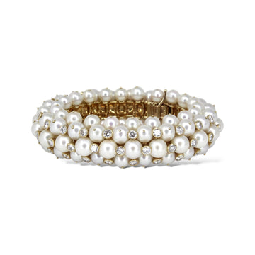 VAN CLEEF & ARPELS Vintage 18K Cultured Pearl and Diamond Cluster Bracelet 