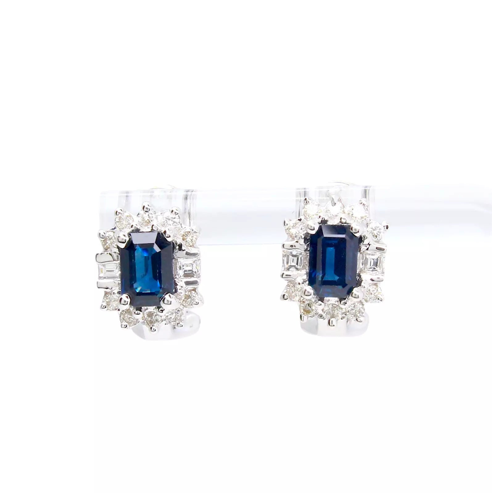 2.10 CT Sapphire and Diamond Halo Earrings Emerald Cut Design 18K White Gold 