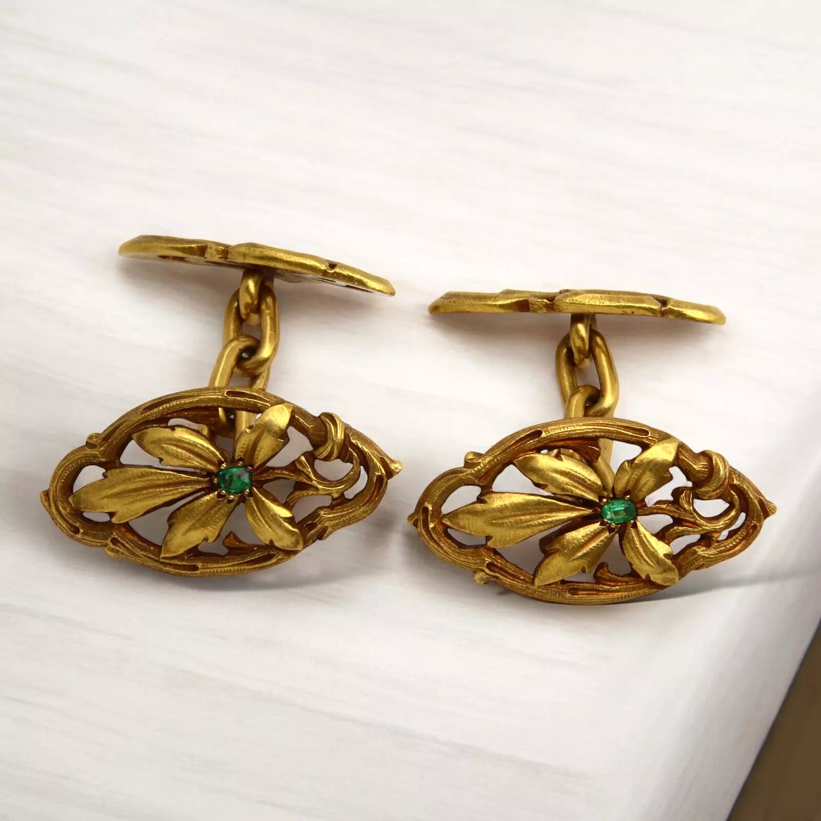 Antique French Art Nouveau Floral Natural Green Stone Cufflinks 18K Yellow Gold 
