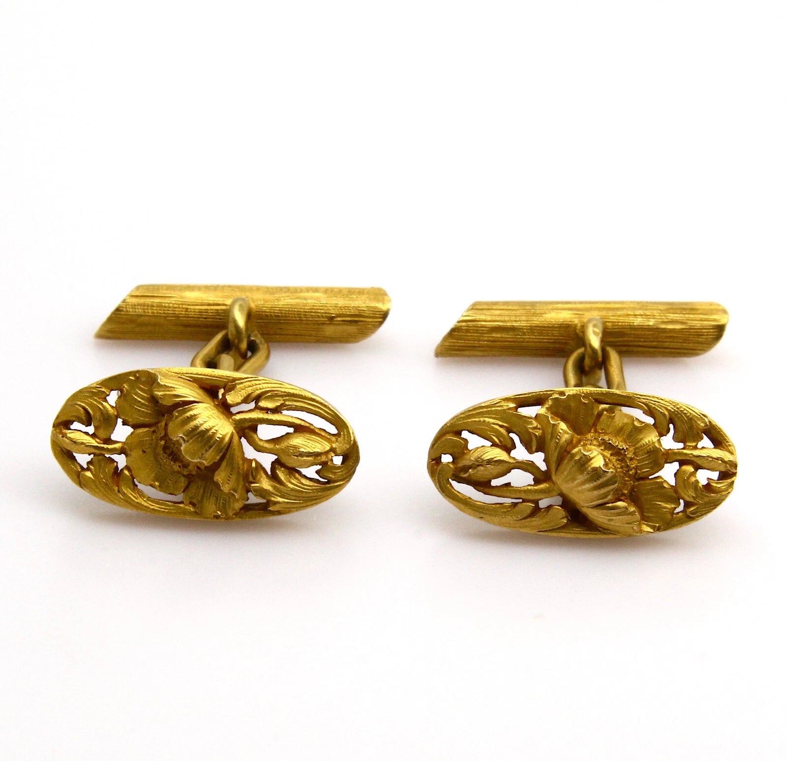 Estate Antique French Art Nouveau Floral Cufflinks 18K Yellow Gold 