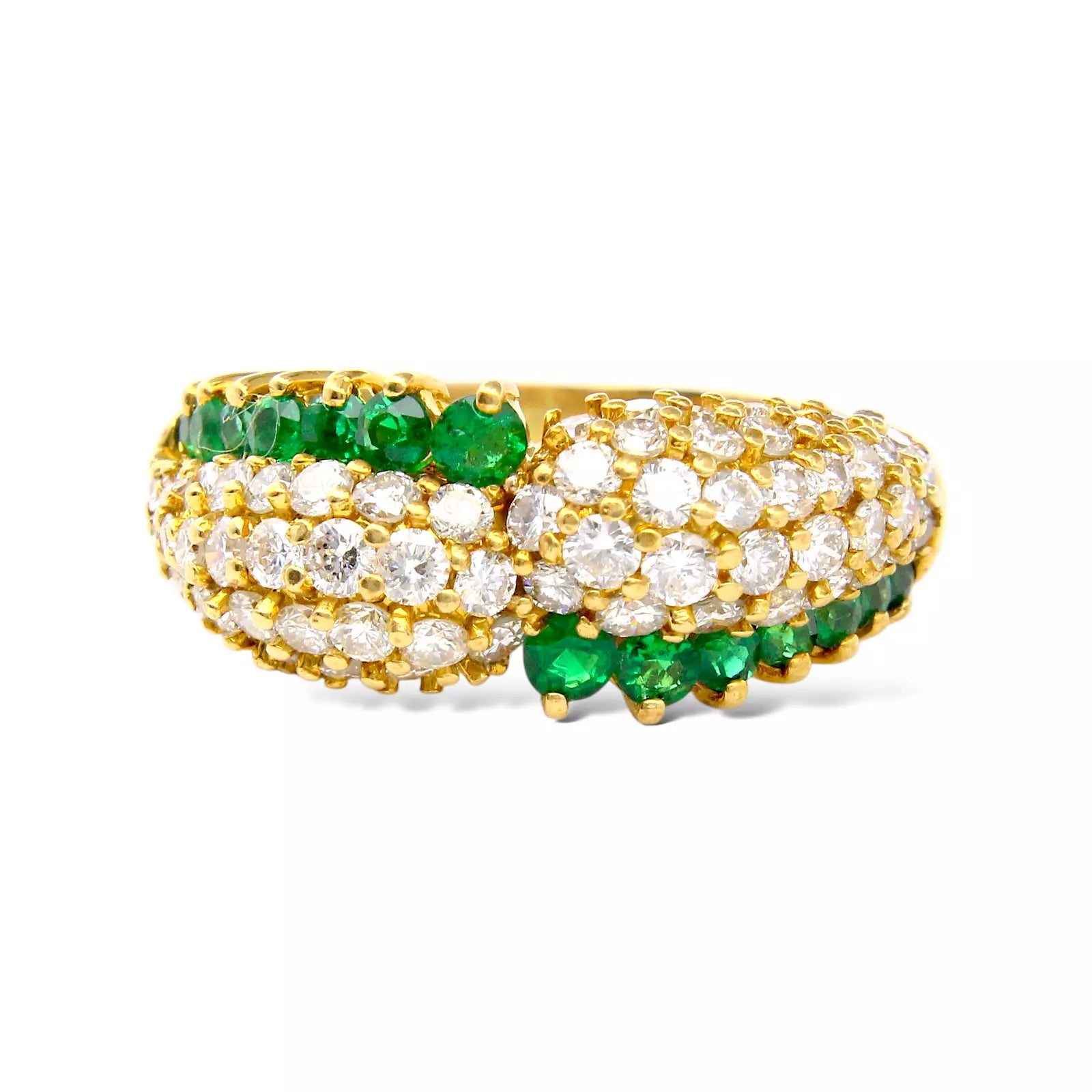 Elegant Crossover Diamond and Emerald Ring 18K Yellow Gold Size 8 1/2 