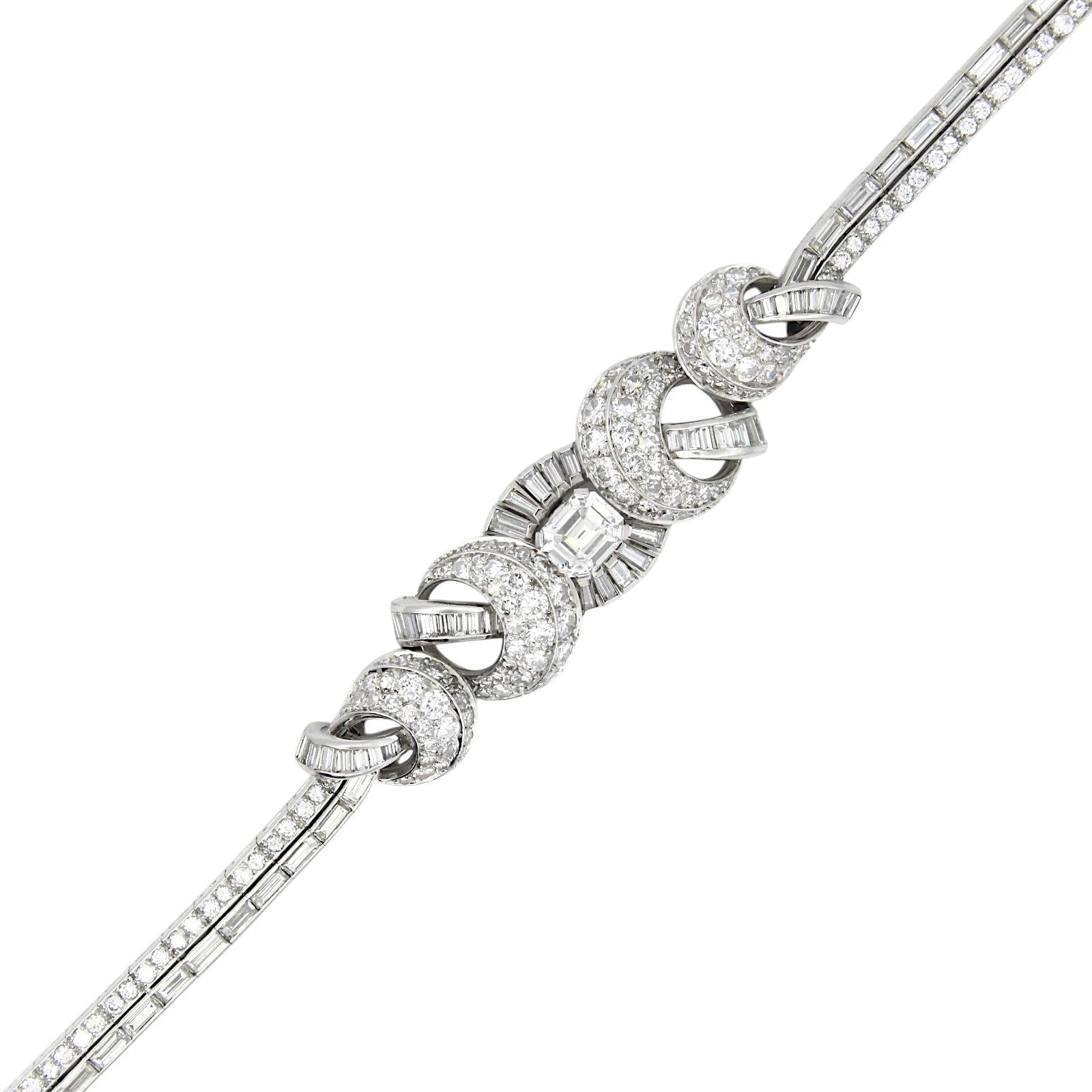 Antique French Art Deco 1920s Platinum Diamond Bracelet 9.25 CT Round, Emerald 