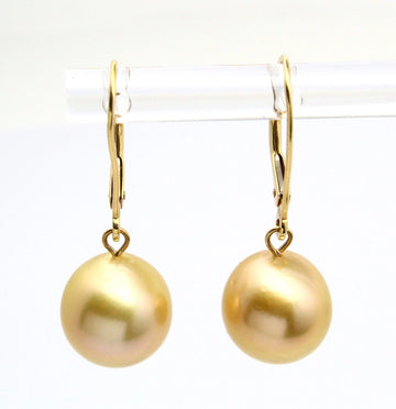 Large Golden South Sea Cultured Round Pearl Vintage Earrings 14K Yellow Gold 