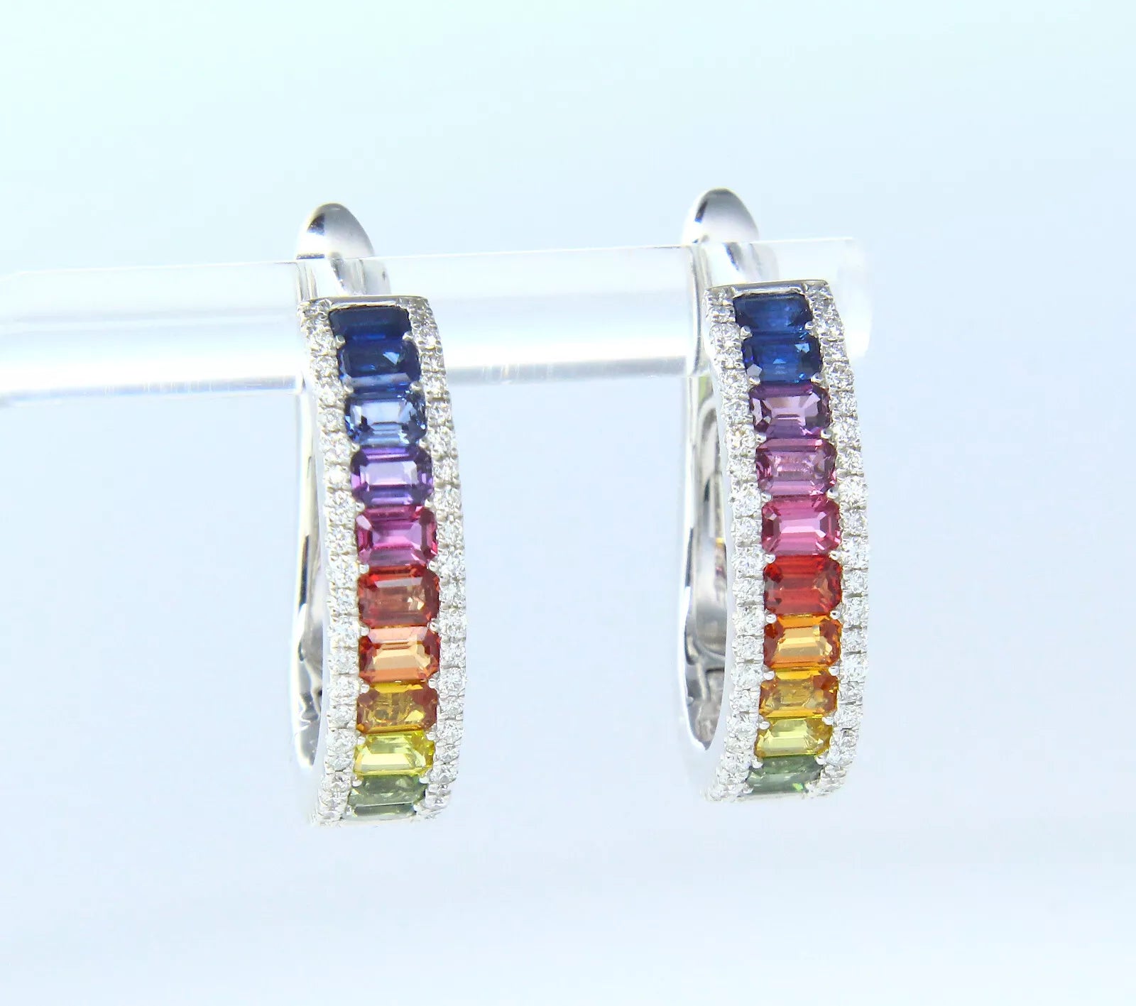 Rainbow Sapphire Multi Stone Diamond Gold Earrings 0.35 CT 14K White Gold 
