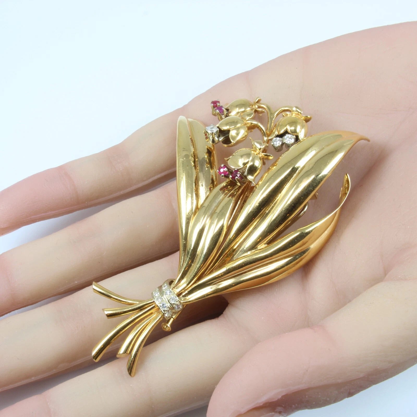 Estate RARE Vintage French 18k Yellow Gold Ruby Diamond Flowers Bouquet Brooch 