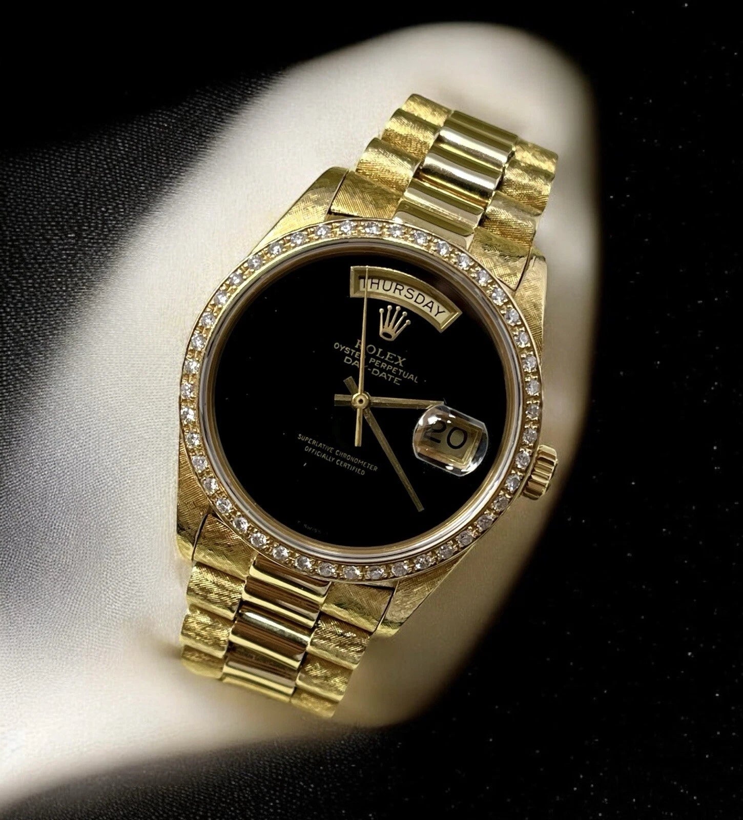 Rolex Day-Date 36mm President Black Onyx Dial Diamond Bezel 18K Yellow Gold 