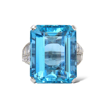 Aquamarine 21.5-22 CT Natural Diamond 1.20-1.40 CT Platinum Ring Size 5 