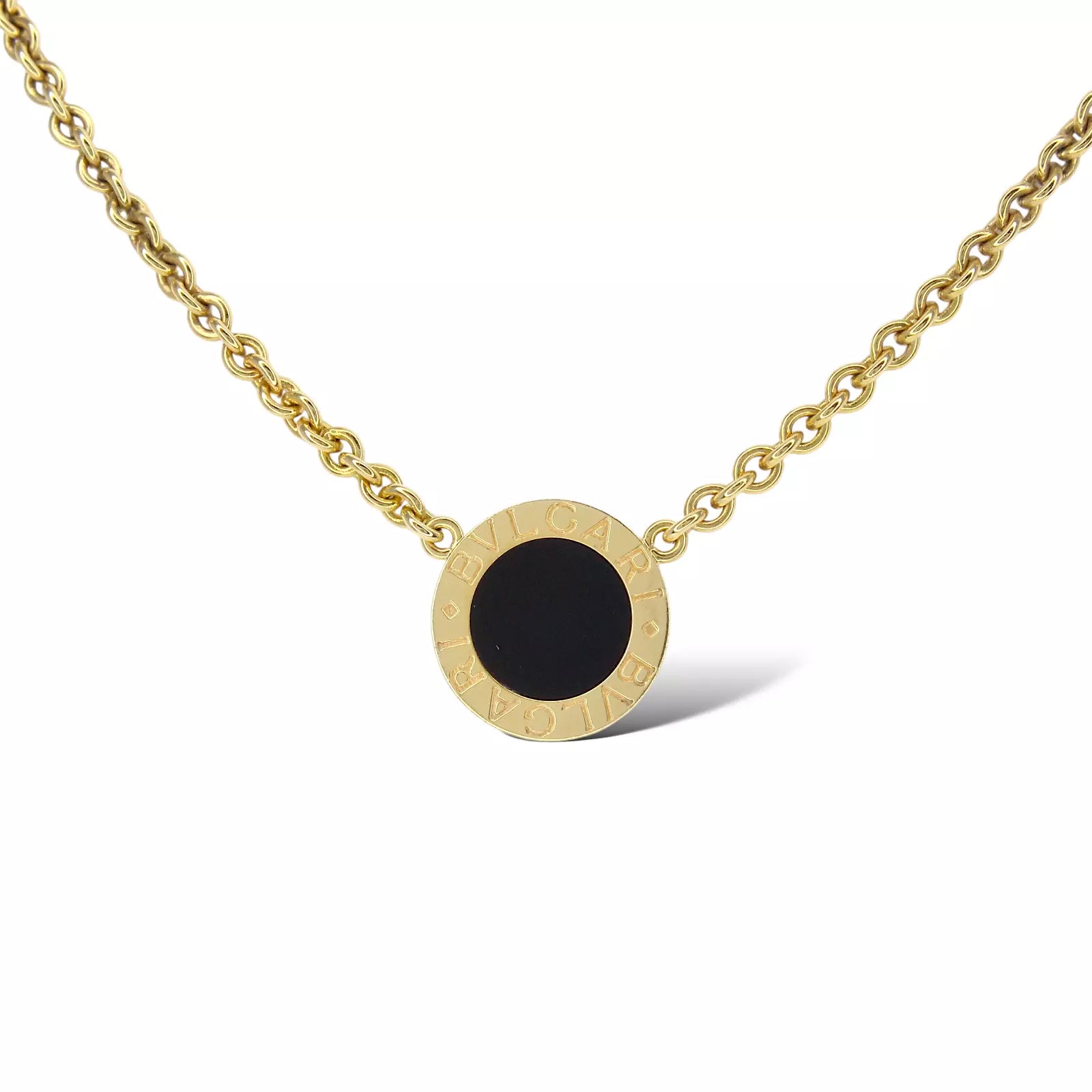 BULGARI BVLGARI Black Onyx Disc Pendant Necklace 18K Yellow Gold 16" Inches 