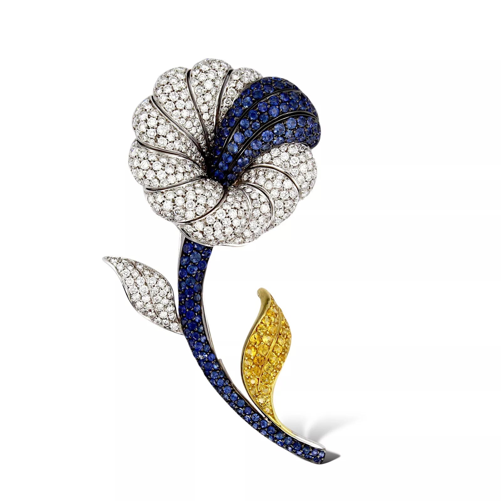 Vintage Flower Brooch Natural Diamond 5 CT and Blue Sapphire 6 CT 18K White Gold 