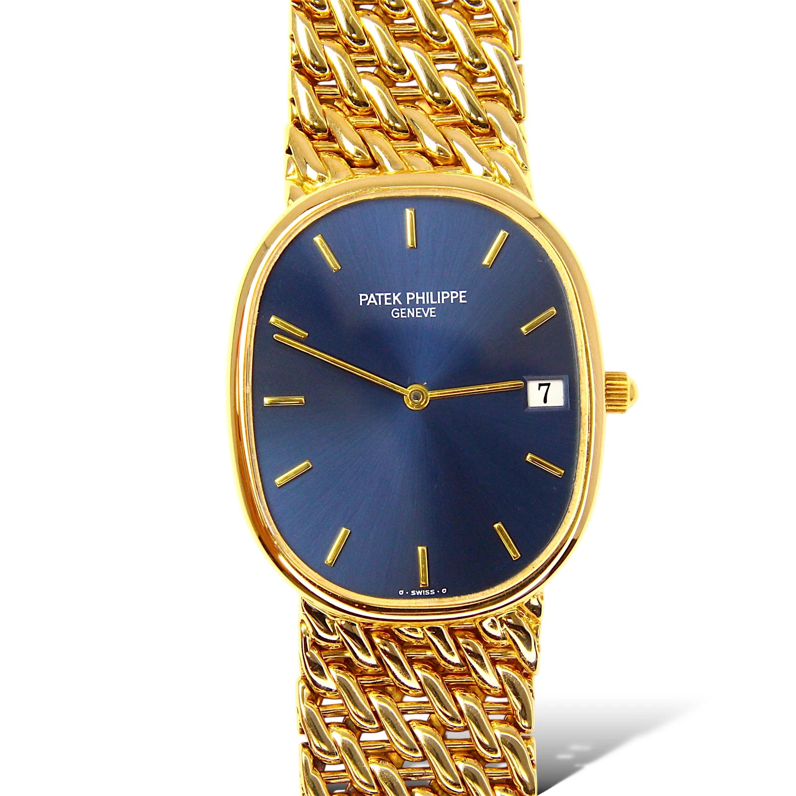 Patek Philippe Golden Ellipse Date 18K Gold Blue Dial Quartz Woven Gold Bracelet 