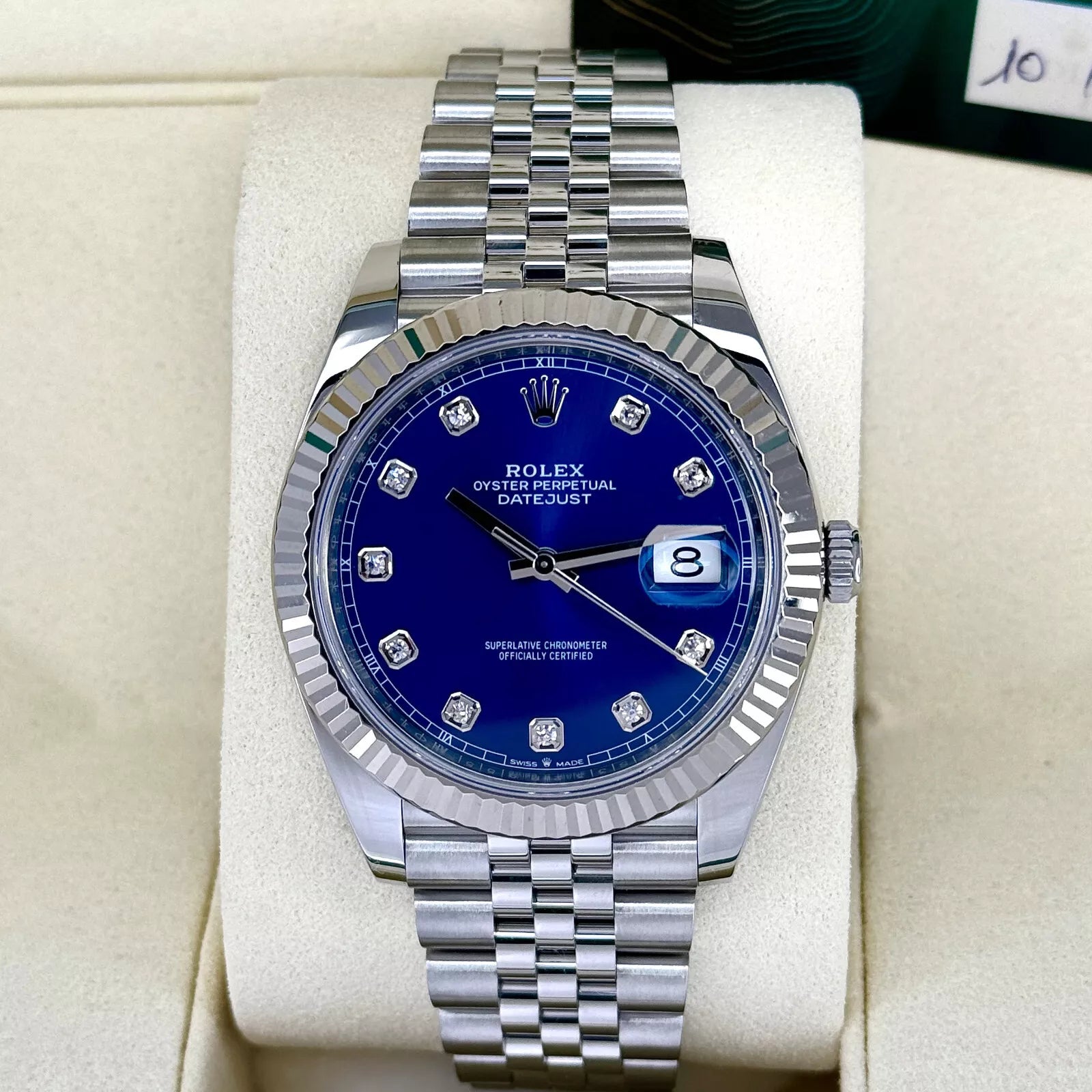 Rolex Datejust 41 2021 Card Jubilee Blue Diamond Rolex White Gold Fluted Bezel 