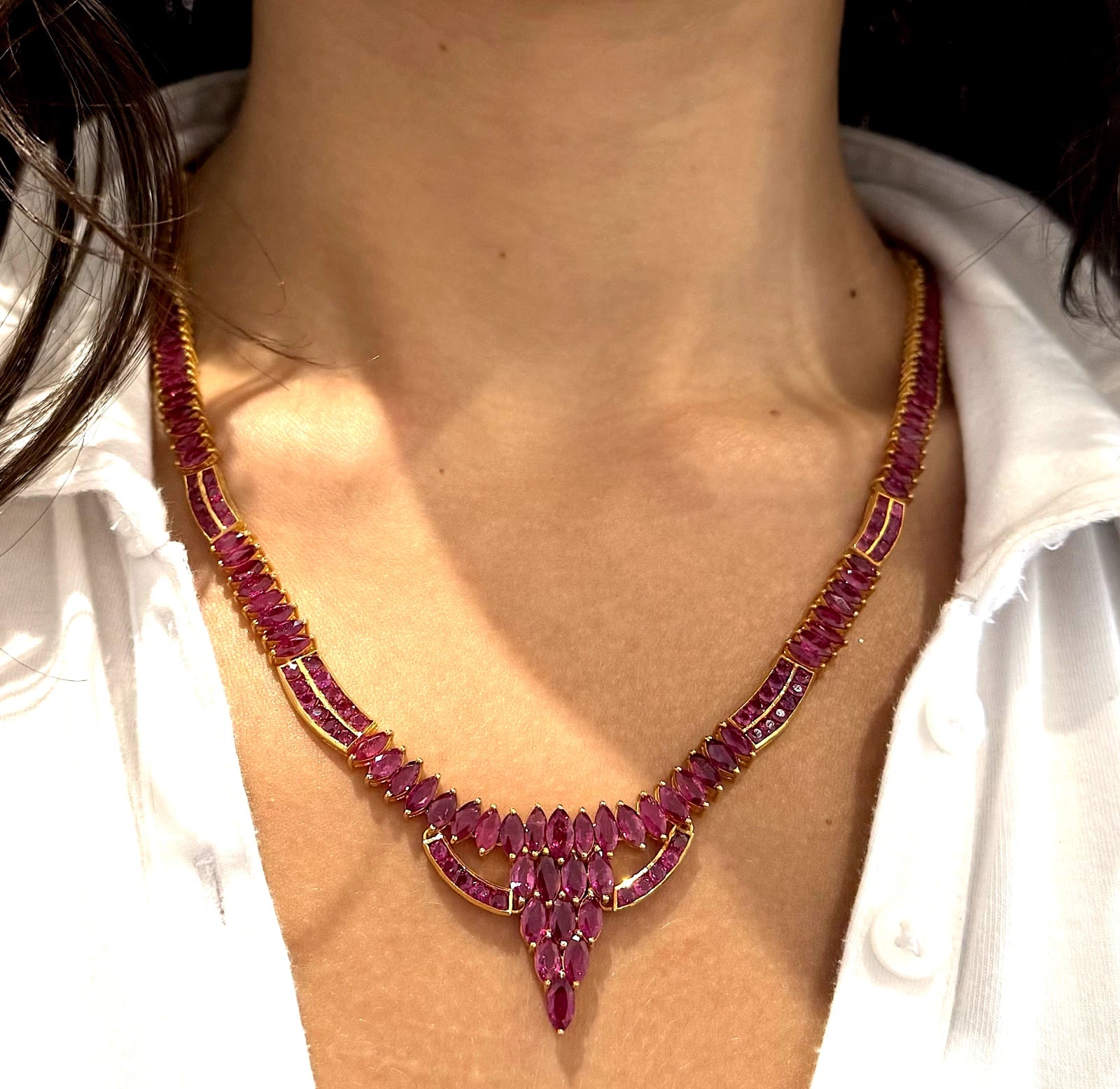 Estate Vintage 14K Yellow Gold Red Ruby 45-50 CT Necklace 21" inches 