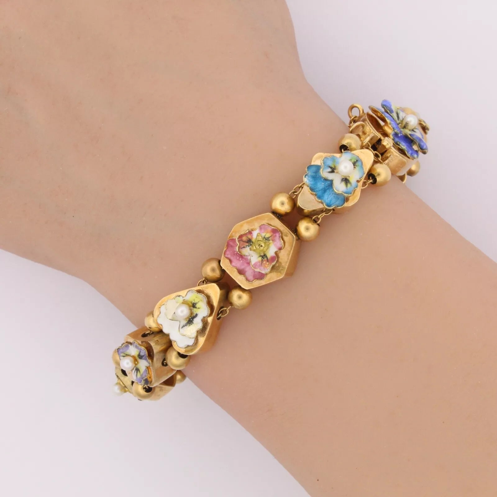 Estate Vintage Enamel 14k Rose Gold Pearl Flower Pansy Ladies Elegant Bracelet 