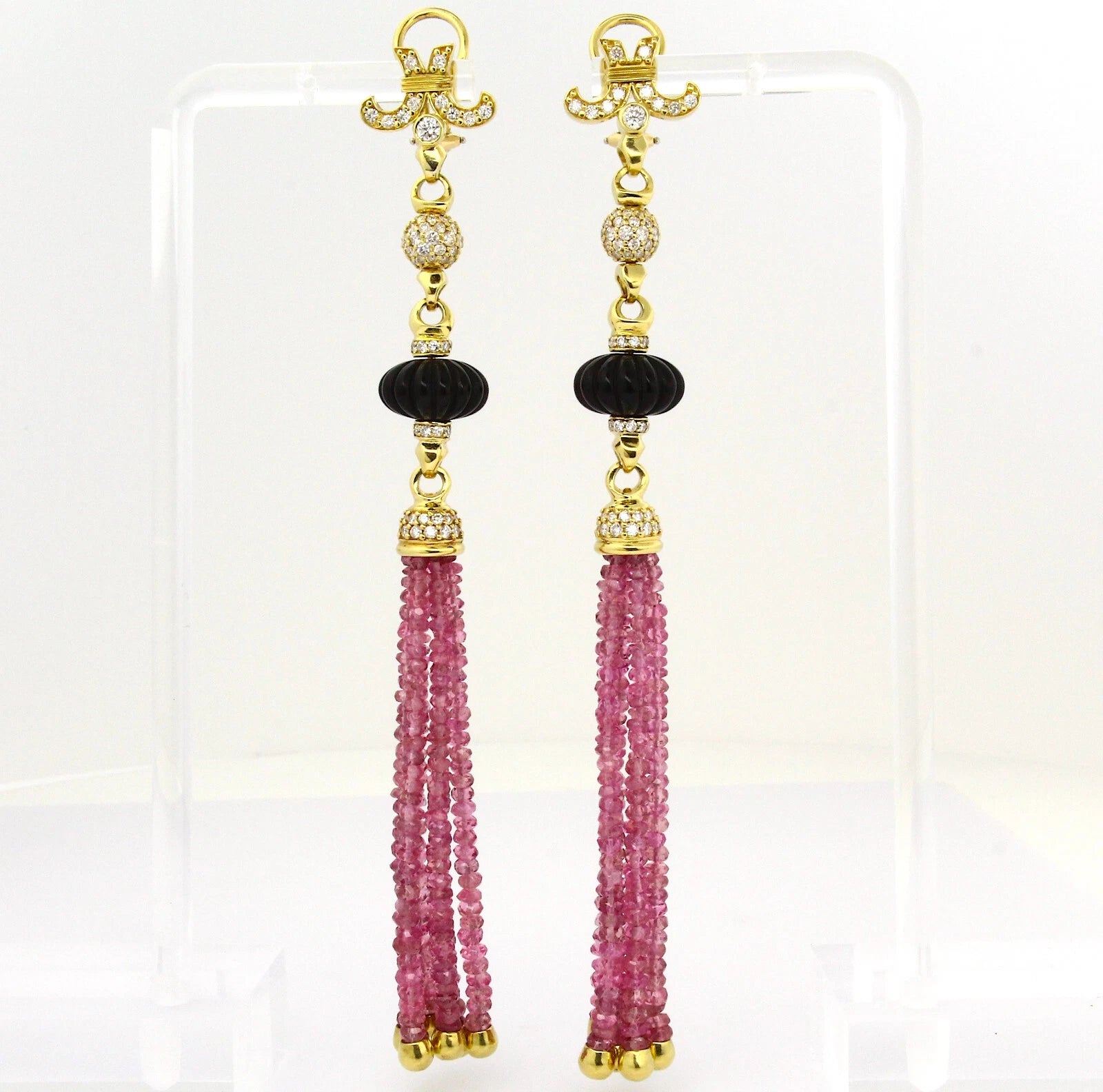 Estate 18K Yellow Gold 2.80 CT Natural Diamond Black Onyx Drop Dangle Earrings 
