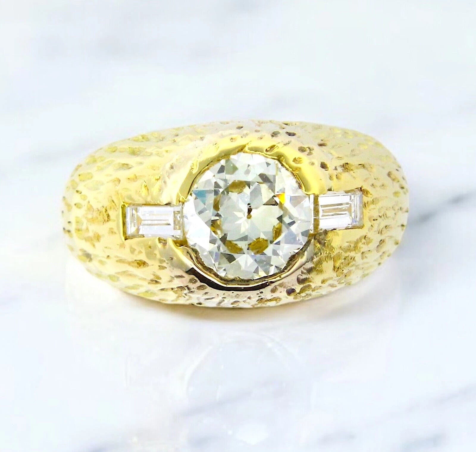 Estate Vintage 1.25 ct Old European Diamond 18K Yellow Gold Hammered 12.5 grams 