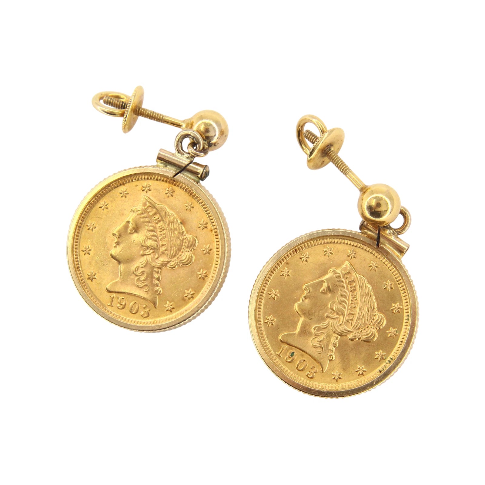 Liberty Head 1903 $2.5 Gold Coin Earrings In 14K Yellow Gold Uncirculated 