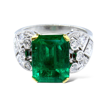 JB STAR 3.60 ct Colombian Green Emerald and Diamond Platinum Ring 1930s AGL Cert 