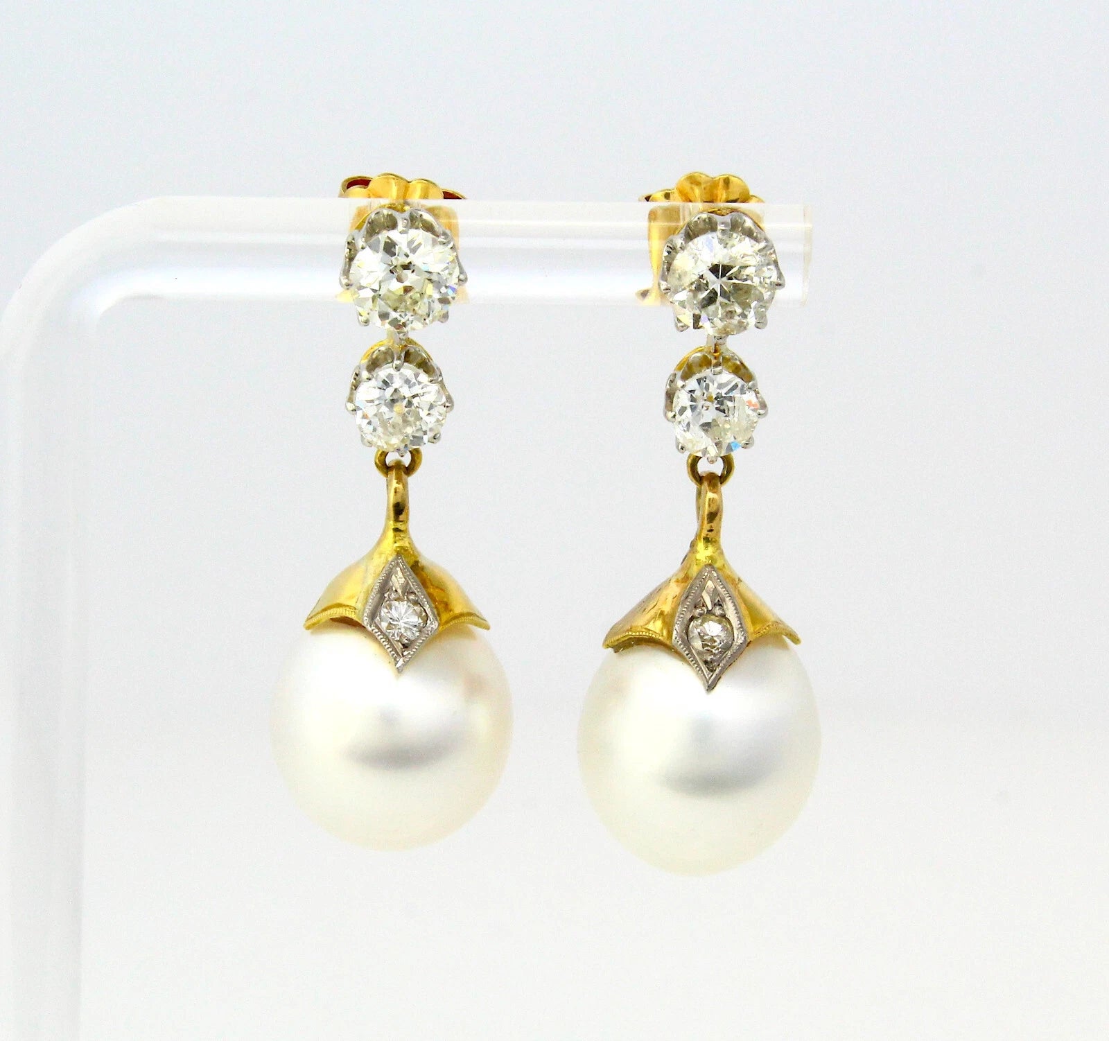 Antique 1.60 CT Old Mine Diamond Dangle Pearl Earrings 18K Yellow Gold Platinum 