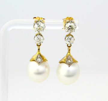 Antique 1.60 CT Old Mine Diamond Dangle Pearl Earrings 18K Yellow Gold Platinum 