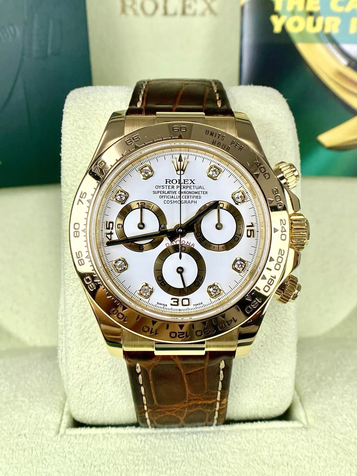 Rolex Daytona Cosmograph 18k Yellow Gold White Diamond 116518 MINT Papers 