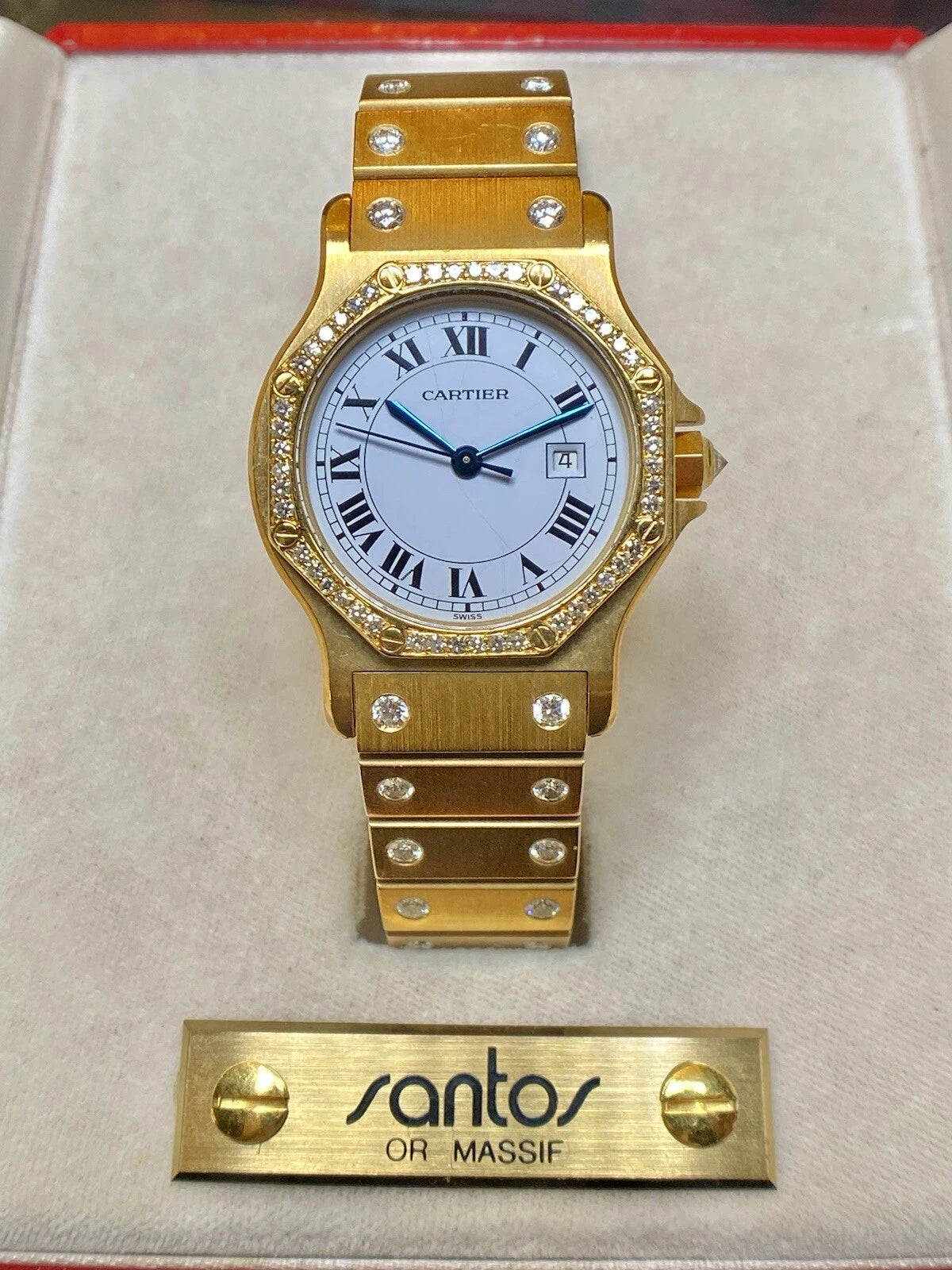 Cartier Santos Octagon Factory Diamond 18K Yellow Gold Patina Spider Dial Watch 