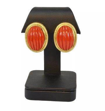 Estate Vintage 18k Yellow Gold Sardinian Ox Blood Coral Earrings 