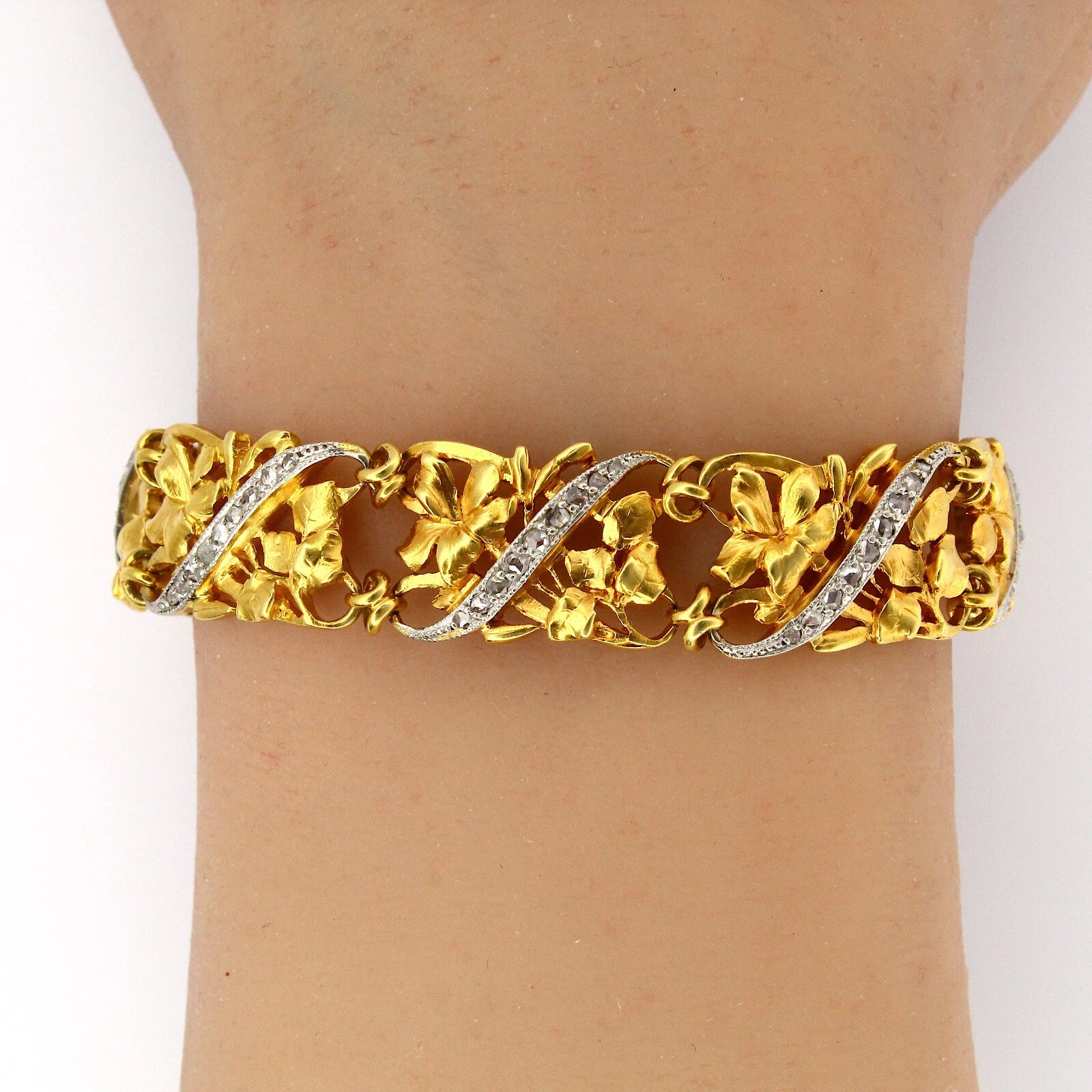 French Art Nouveau Bracelet Antique 1.50 CT Rose Cut Diamond 18K Yellow Gold 