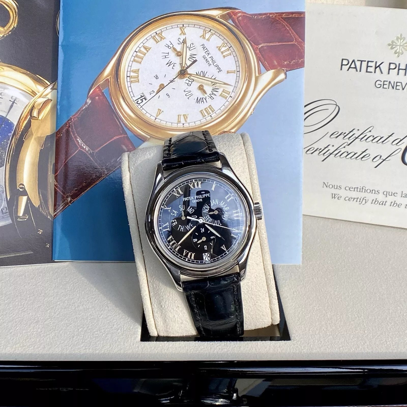 Patek Philippe Annual Calendar Platinum Black Leather 1990s BOX PAPERS Watch 