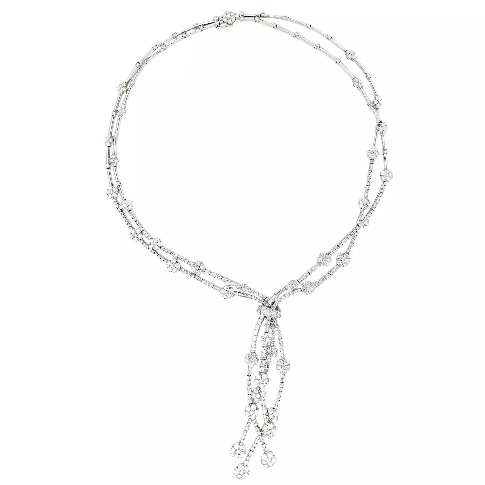 20.00 CT Diamond Two Row Floral Line Drop Necklace 18K White Gold Natural 