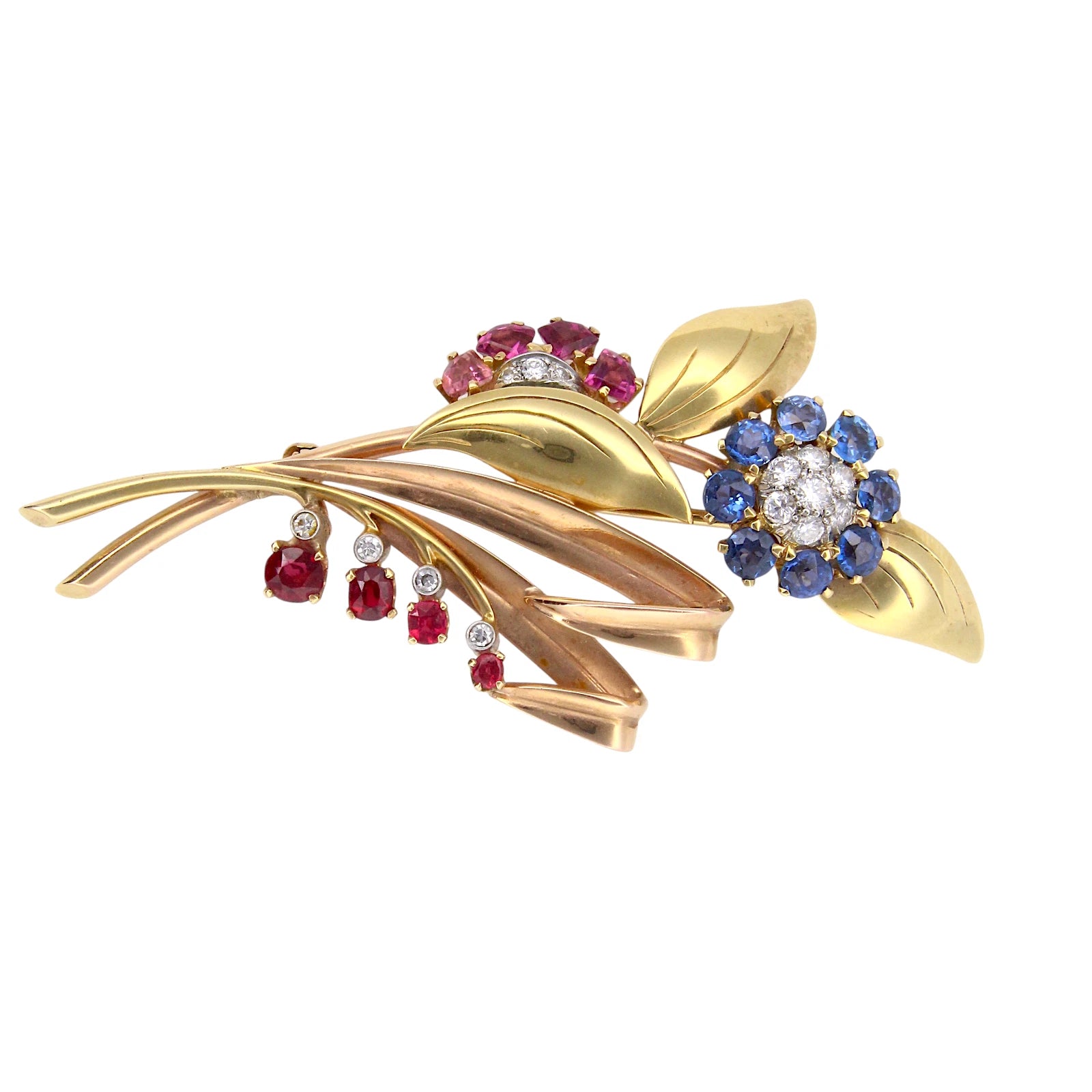 Diamond Flower Brooch Ruby Sapphire Tourmaline Vintage Pin 14K Yellow Gold 
