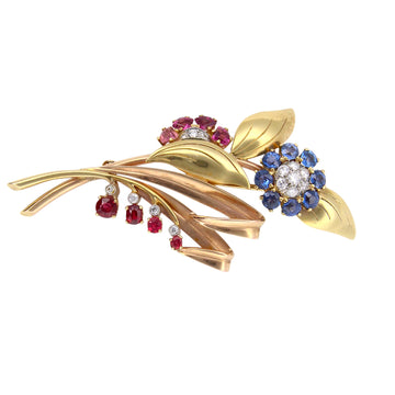 Diamond Flower Brooch Ruby Sapphire Tourmaline Vintage Pin 14K Yellow Gold 