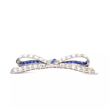 Antique Art Deco 6.70 CT Diamond Blue Sapphire Bow Brooch Pin Platinum
