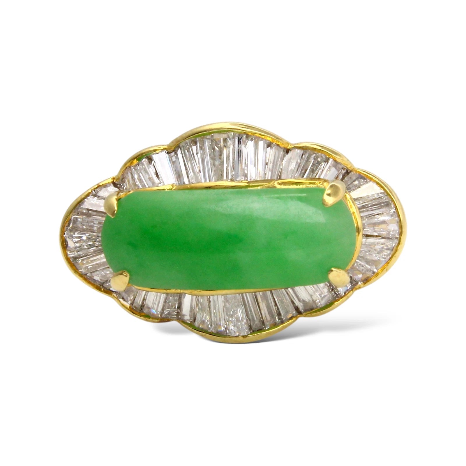 18K Yellow Gold Jade Ring with Baguette Diamond 1.5CT Halo 