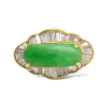 18K Yellow Gold Jade Ring with Baguette Diamond 1.5CT Halo 
