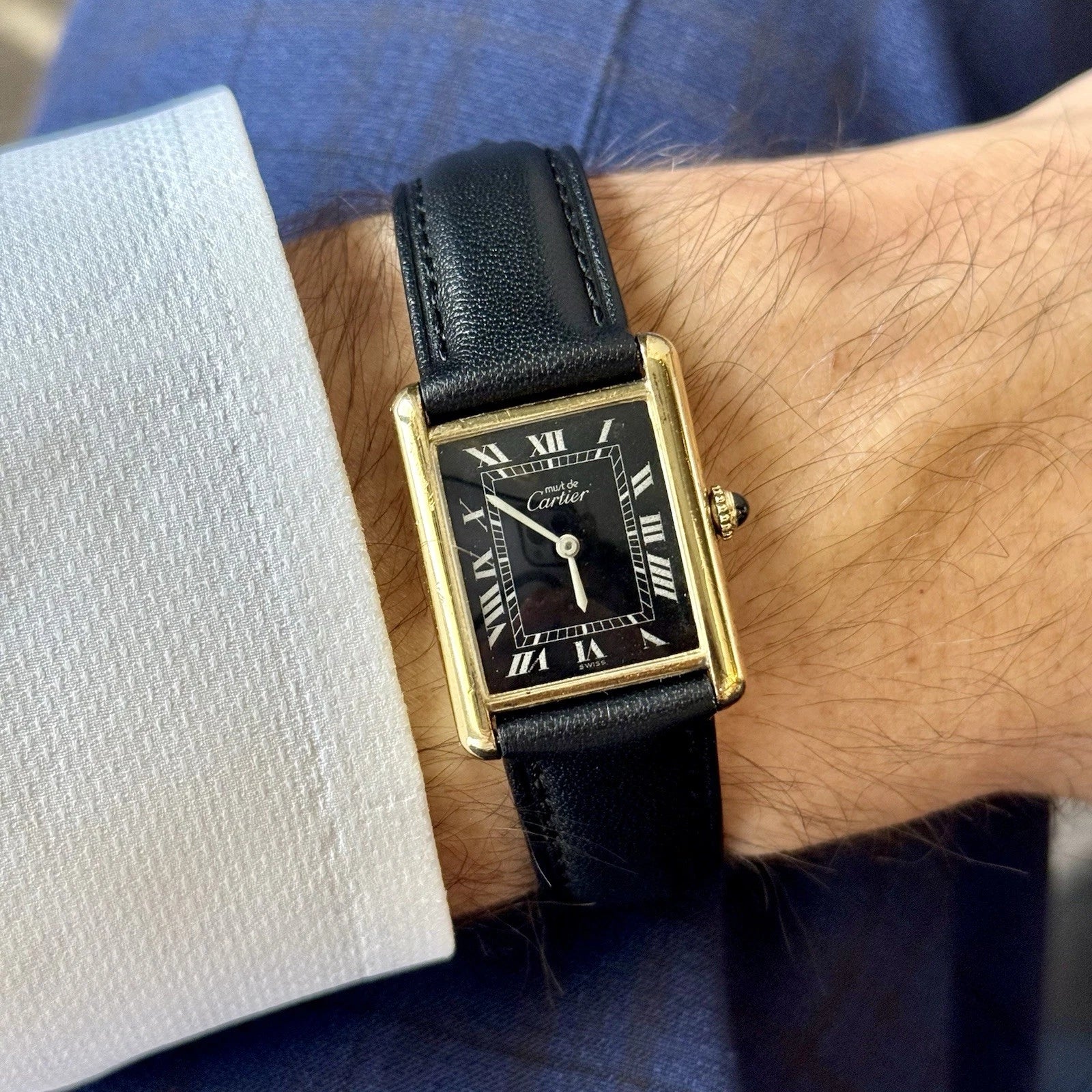 Cartier Must De Tank Manual Winding 23mm x 30mm Black Dial Leather Strap 1980s 