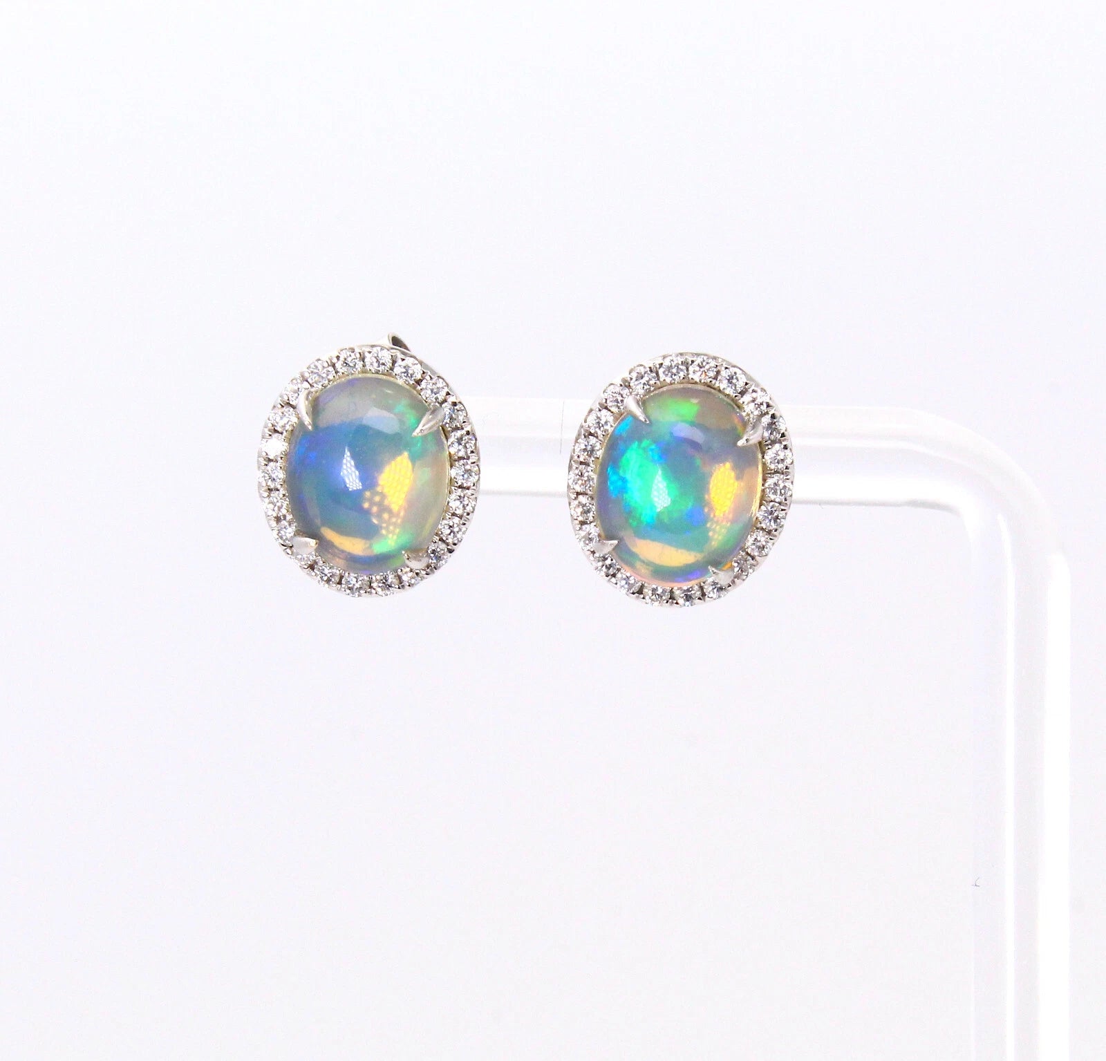 Jelly Opal and Diamond 0.50 CT Halo Stud Earrings 14K White Gold 