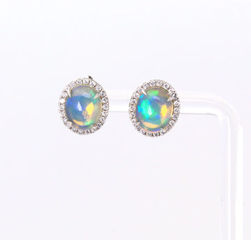 Jelly Opal and Diamond 0.50 CT Halo Stud Earrings 14K White Gold 