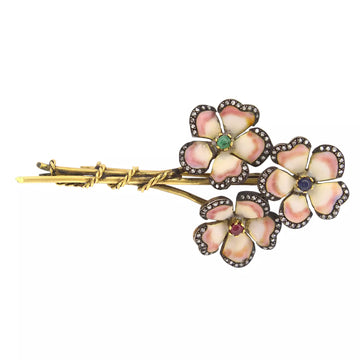 Diamond Enamel Flower Brooch Ruby Sapphire Emerald Vintage Pin 18K Yellow Gold 