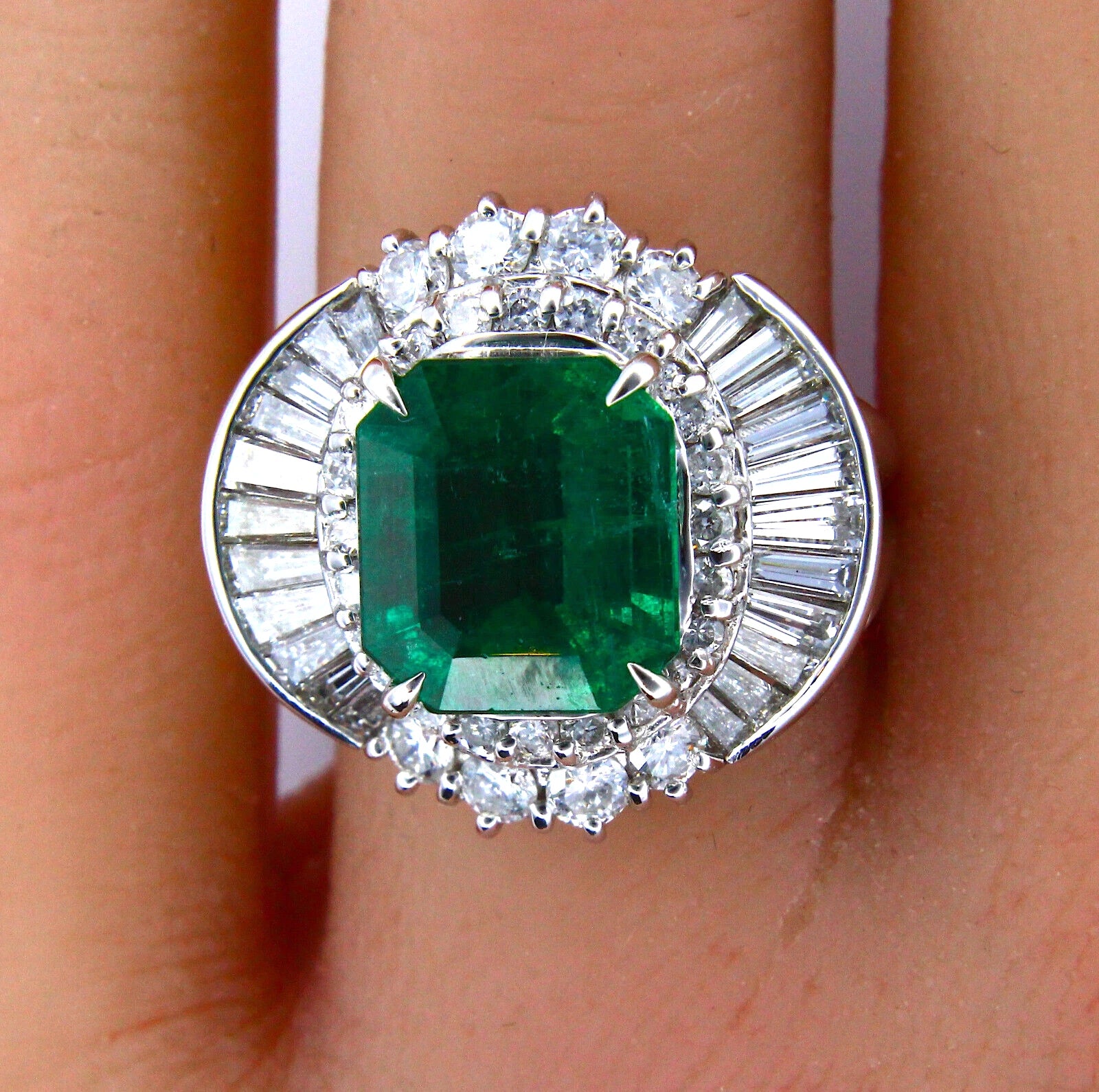 Estate Platinum 3.83 ct Natural Colombian Green Emerald Diamond 2.02 ct Ring 